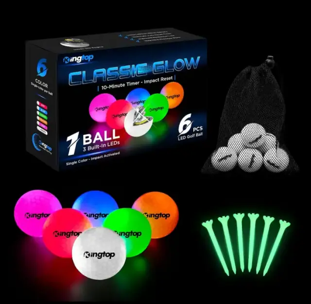 KINGTOP Glow in the Dark LED Golf Balls with Glow Tees, 6 Pack product image