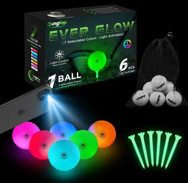 KINGTOP Glow in the Dark LED Golf Balls with Glow Tees, 6 Pack product image